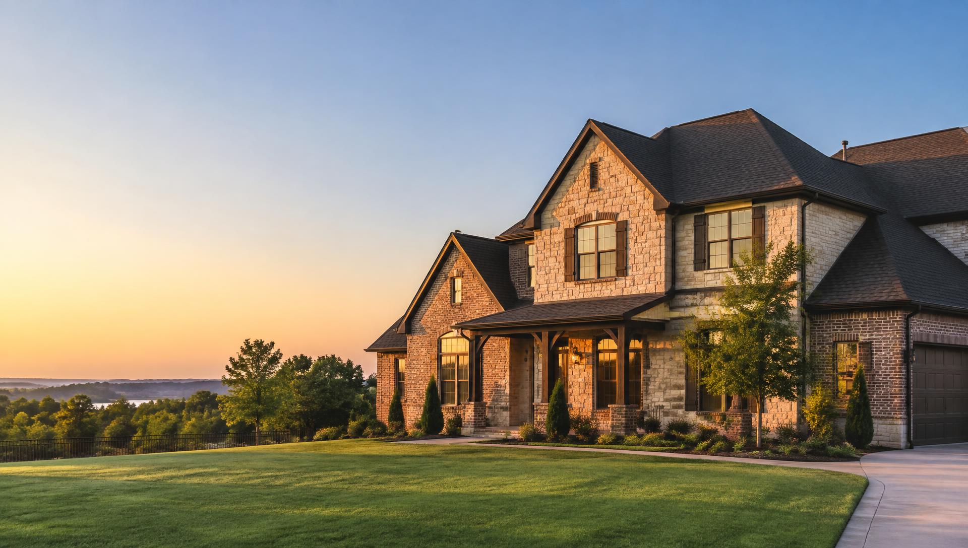 Two-story brick home with a new dark architectural shingle roof at sunset